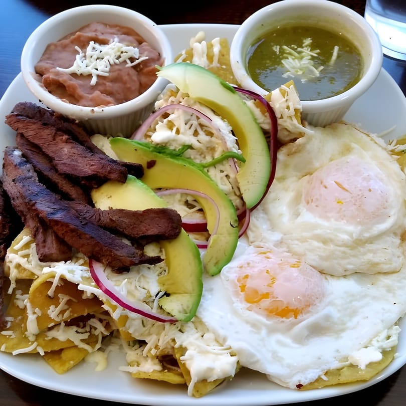 Mexican breakfast with steak, fried eggs, chilaquiles, avocado, refried beans, and green salsa.